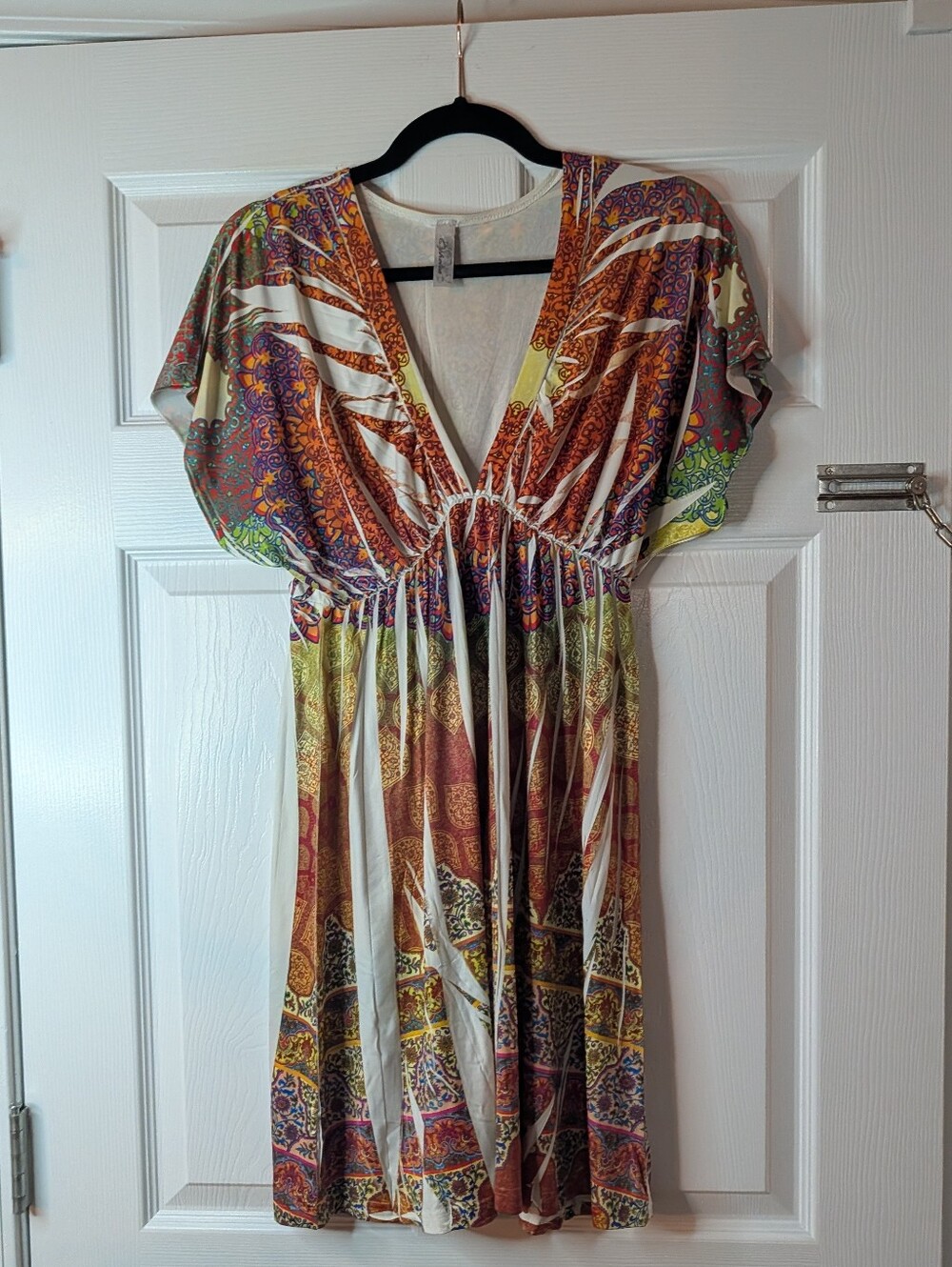 Y2K Ophelia Size S Boho Paisley Mandala Empire Waist V-Neck Dress Multicolor